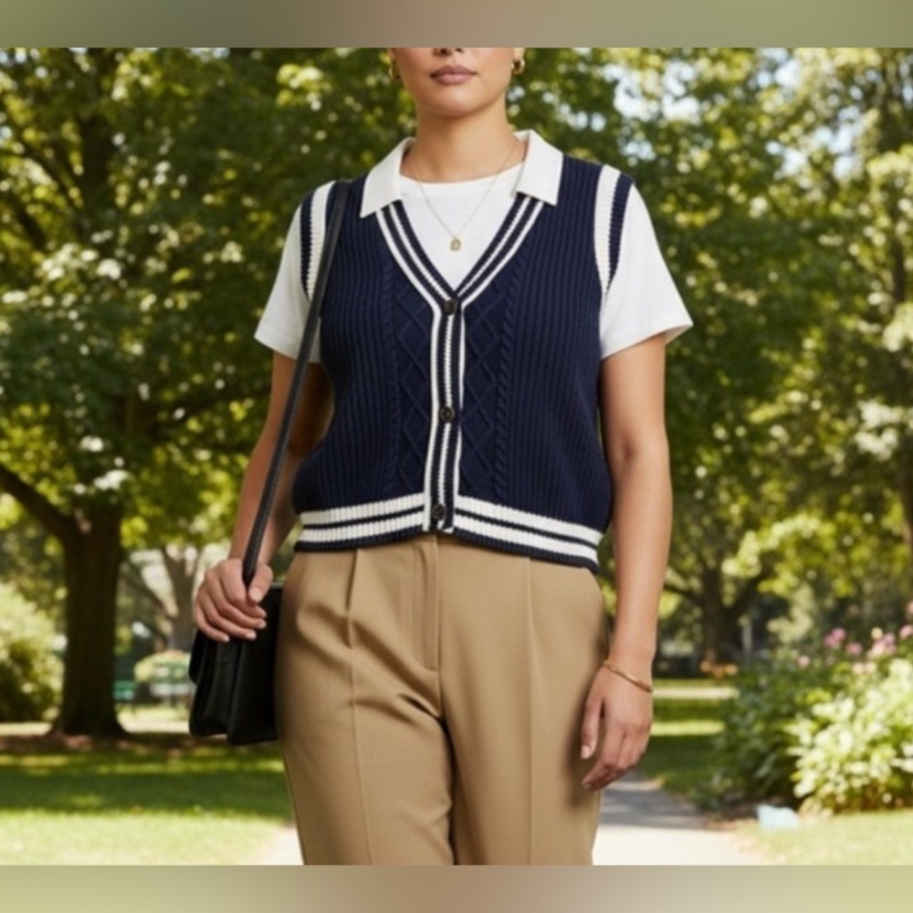 Tennis Prep Chunky Cable Knit Sweater Vest Size 2X Navy Blue Classic Retro Y2K